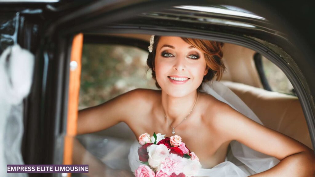 Elegant black limousine parked outside an Atlanta’ venue, with newlywed bride holding a bouquet.