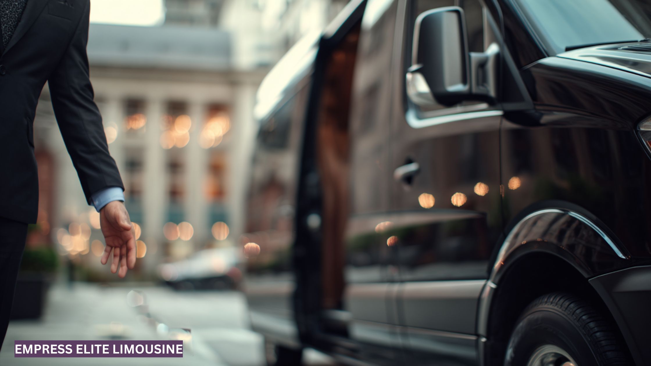 Chauffeur welcoming passengers into a luxury van outside an Atlanta event venue, ready for group transportation service.
