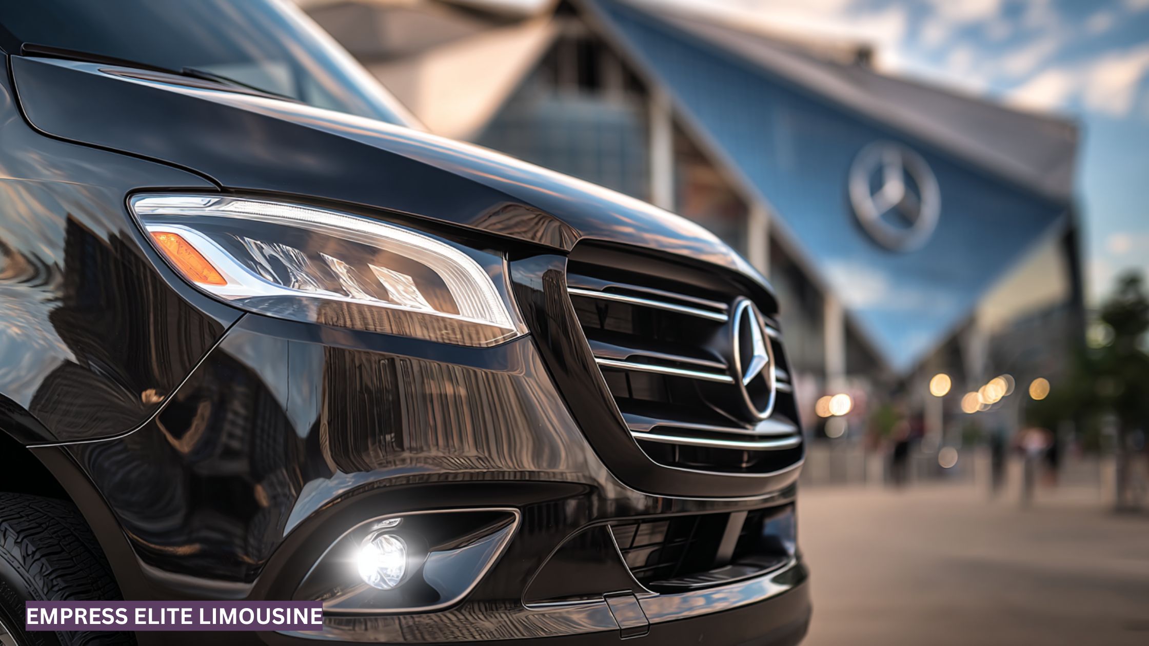 Mercedes-Benz Sprinter van parked in front of a major Atlanta stadium, ready for VIP game day luxury transportation.