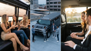 Collage of stylish women partying inside a stretch limo, a group of men standing by a white Hummer limousine, and a couple relaxing in the back of a luxury SUV on a night out.